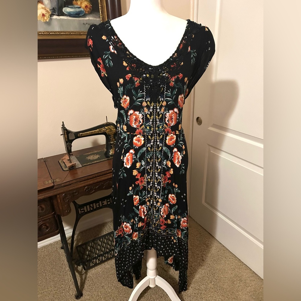 Lola P High Low Hem Black Dress with Floral Design
